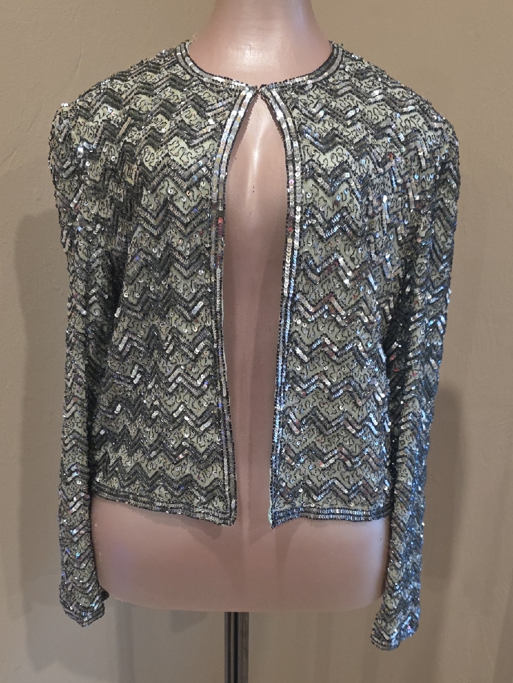 Adrianna Papell Silver Sequined Zigzag Open-Front Jacket Wedding